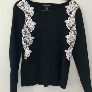 INC Black Sweater w Floral Lace Detail Around Arm